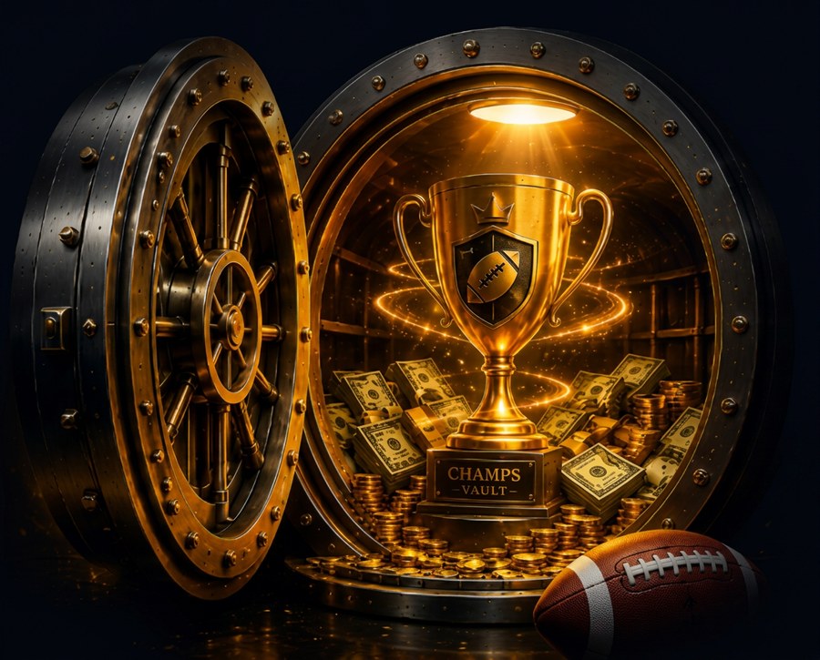 Champs Vault — gold trophy and cash inside an open vault